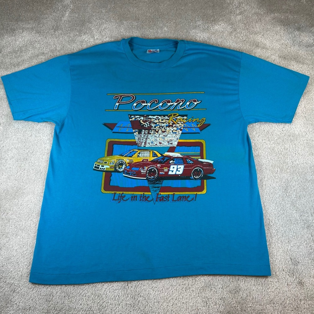 Vintage 90s Hanes Pocono Racing T-Shirt Mens XL Teal Blue Graphic Made In USA